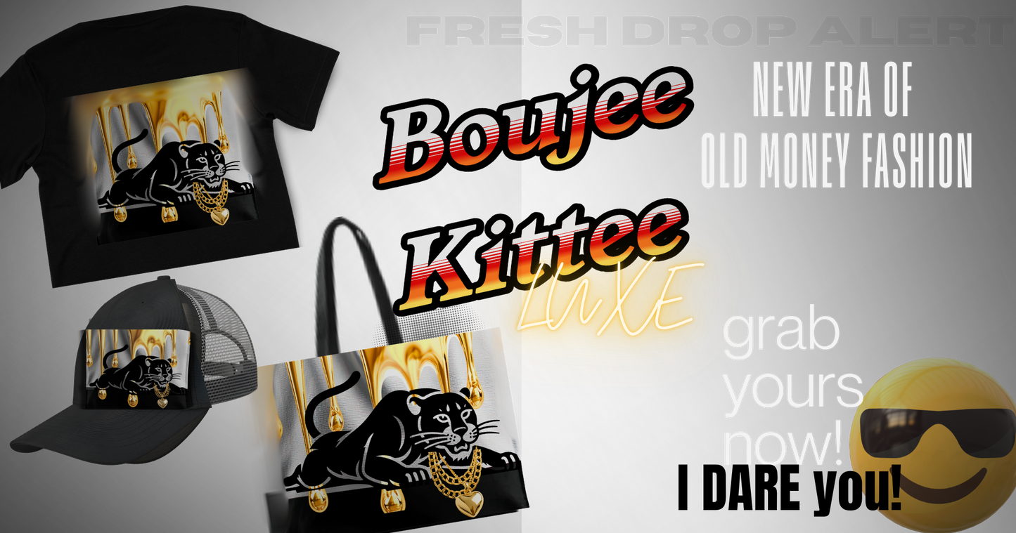 Bold black T-shirt featuring a panther in gold jewelry, showcasing the Boujee Kittee Luxe design for a retro and rebellious vibe.