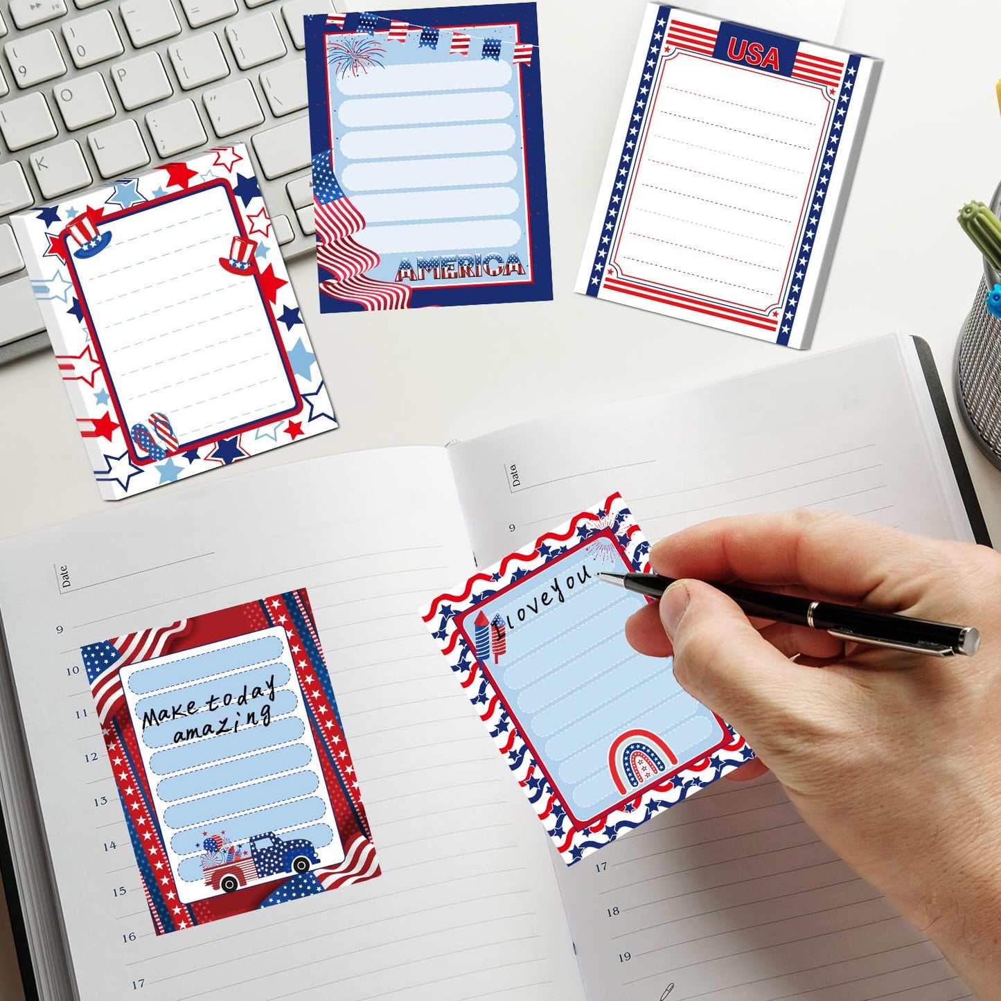 Patriotic Sticky Notes Gifts - 9 Pack Red White Blue Sticky Notes 3x4 Inches, Proud to Be an American Self-Stick Memo Pads, National Memorial Veterans Day Office Supplies, 450 Sheets