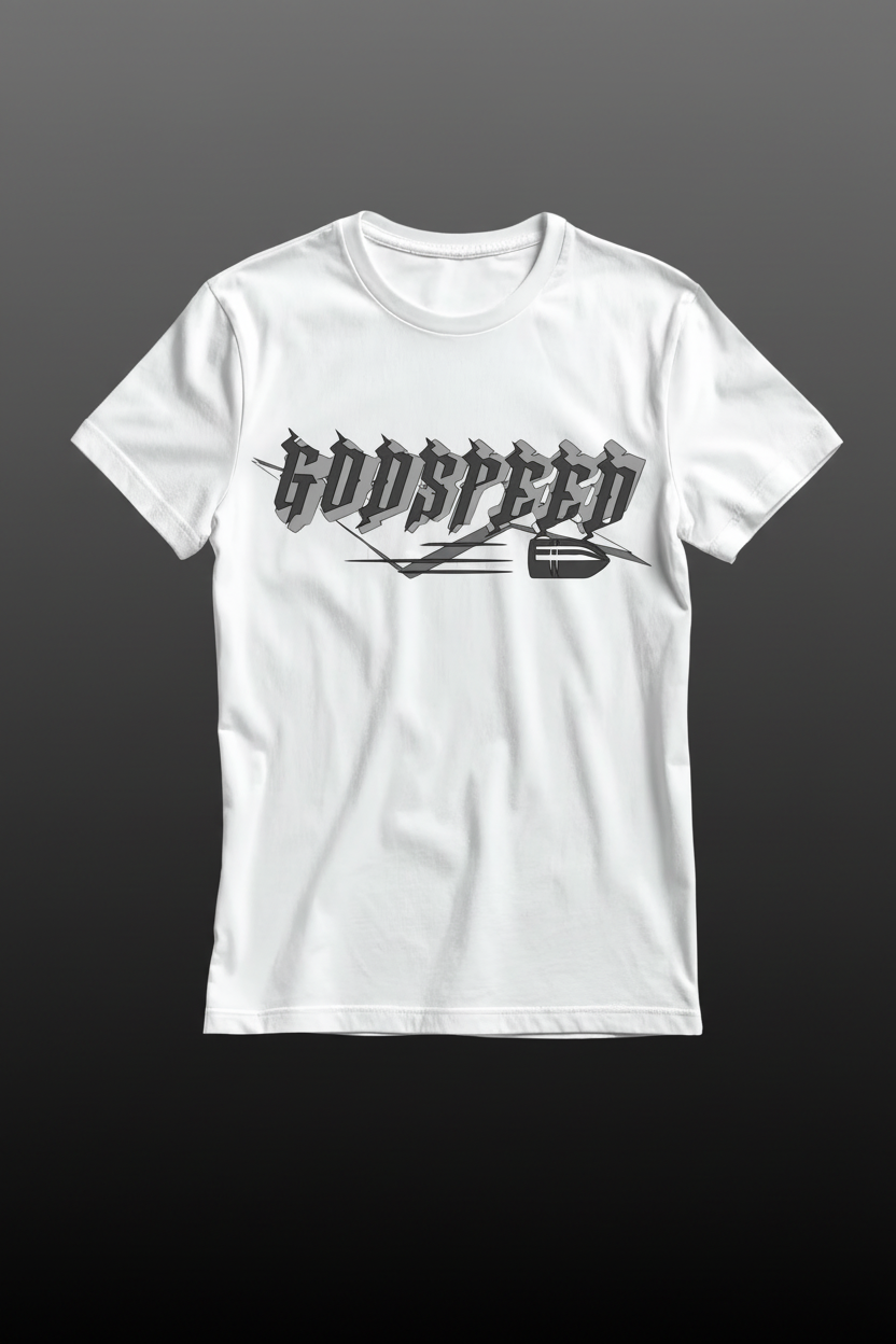 White t-shirt with 'Godspeed' graphic design on a dark background