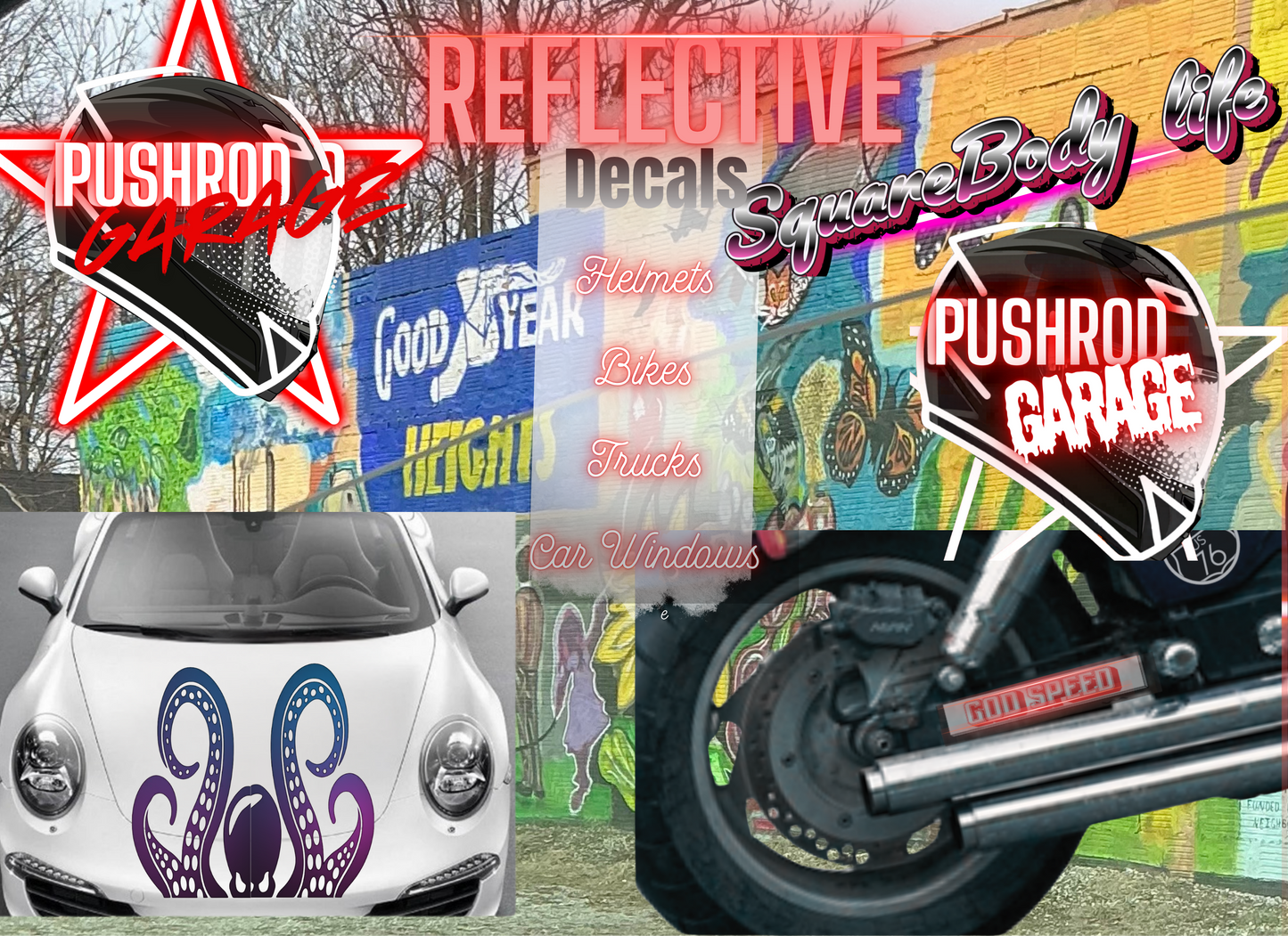 Collage of vehicles with reflective decals and promotional text for Pushrod Garage.
