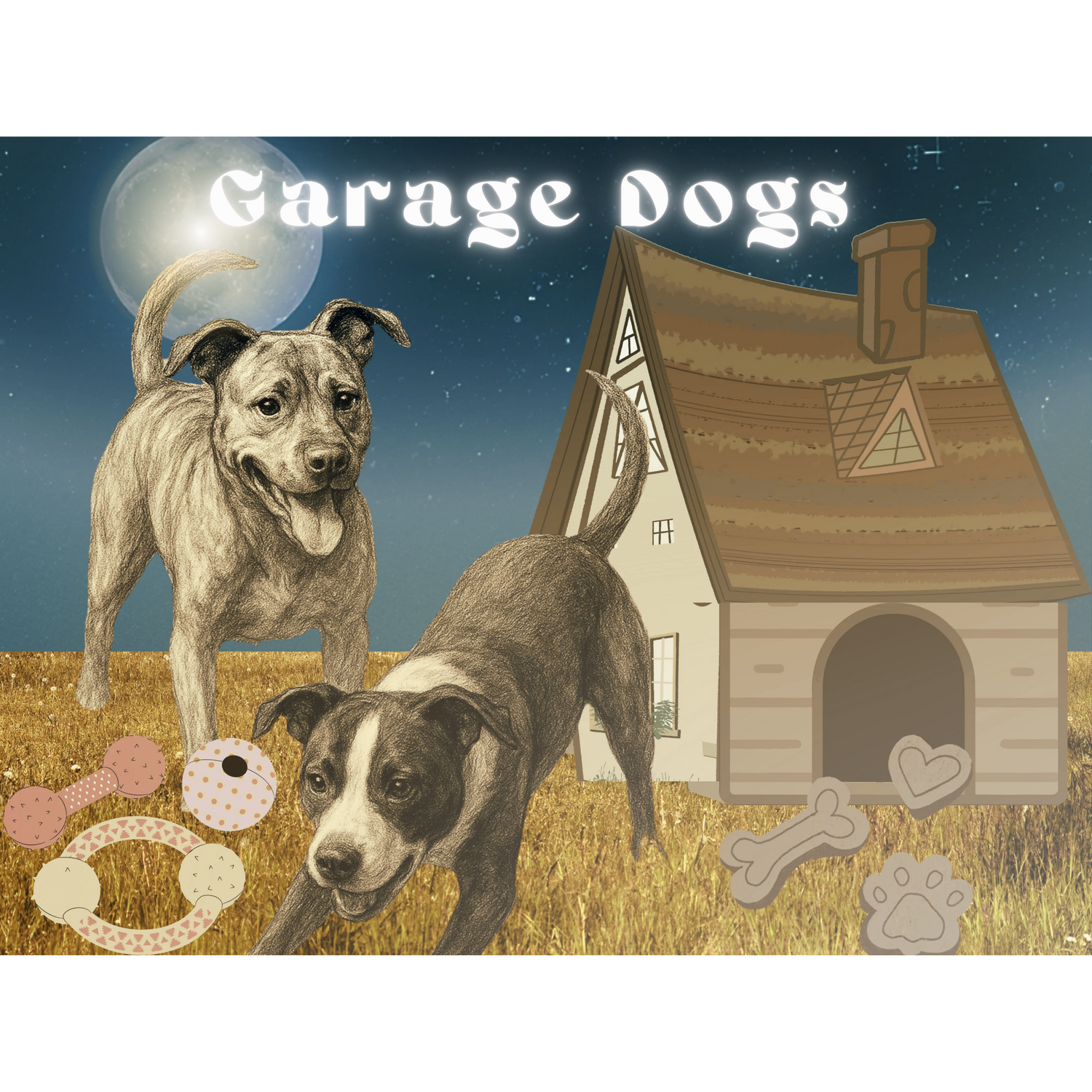 2 dogs playing under the moon with a cozy house and tpys and treats titled Garage Dogs 