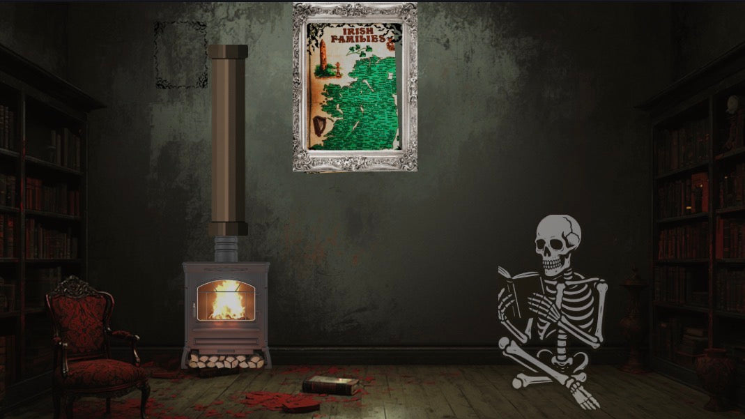 skeleton reading a book in a spooky library
