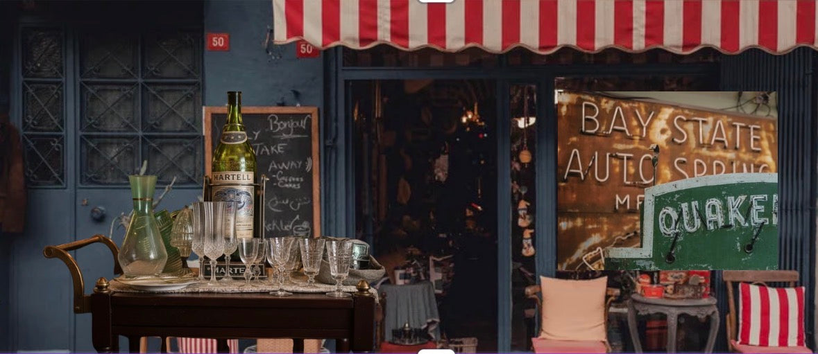 Image of a speakeasy dark bar noted as after hours vintage finds and other retail 