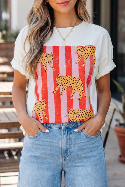 Dark Grey Cheetah Striped Print Fashion Graphic Tee