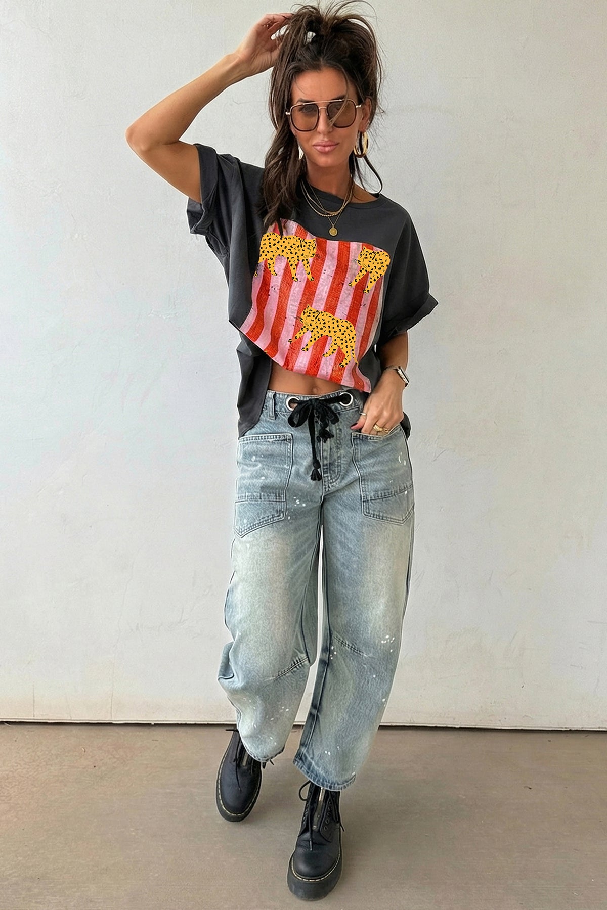 Dark Grey Cheetah Striped Print Fashion Graphic Tee
