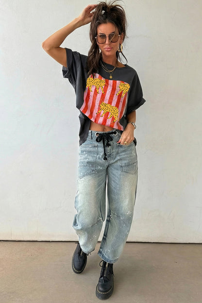 Dark Grey Cheetah Striped Print Fashion Graphic Tee