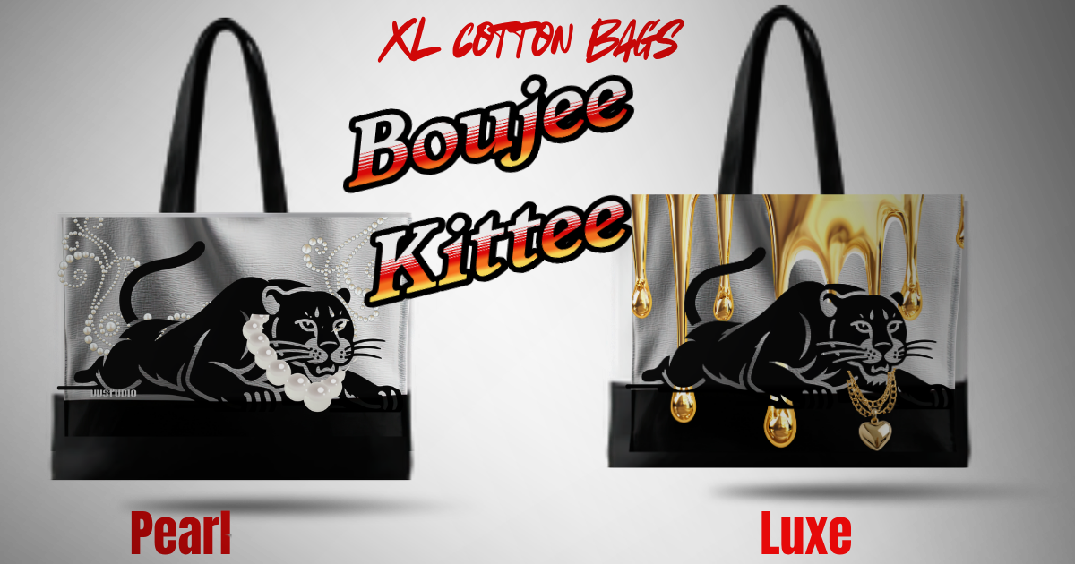 Bold black panther graphic tote bags with a chic white collar and gold jewelry accents, perfect for stylish adventures.