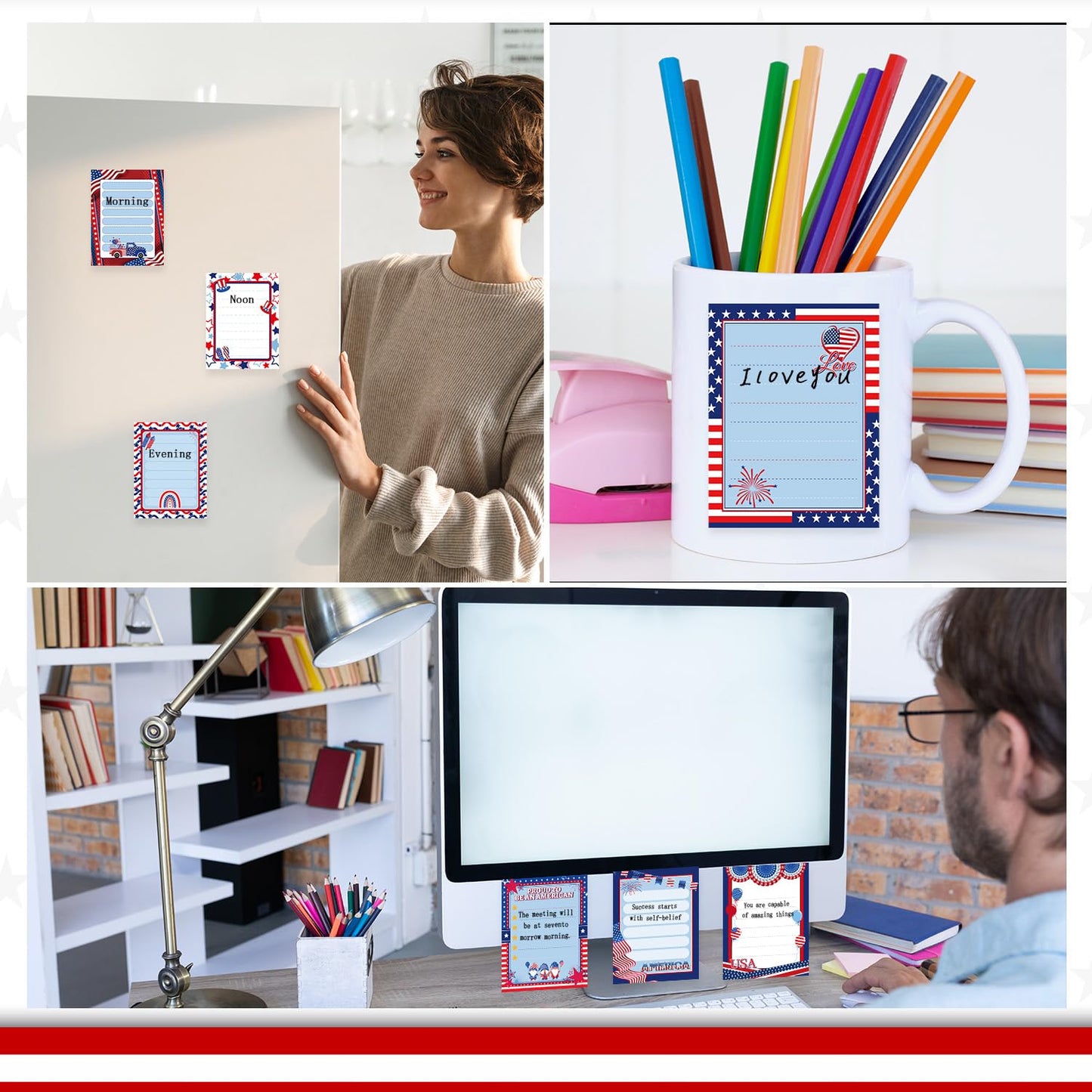 Patriotic Sticky Notes Gifts - 9 Pack Red White Blue Sticky Notes 3x4 Inches, Proud to Be an American Self-Stick Memo Pads, National Memorial Veterans Day Office Supplies, 450 Sheets