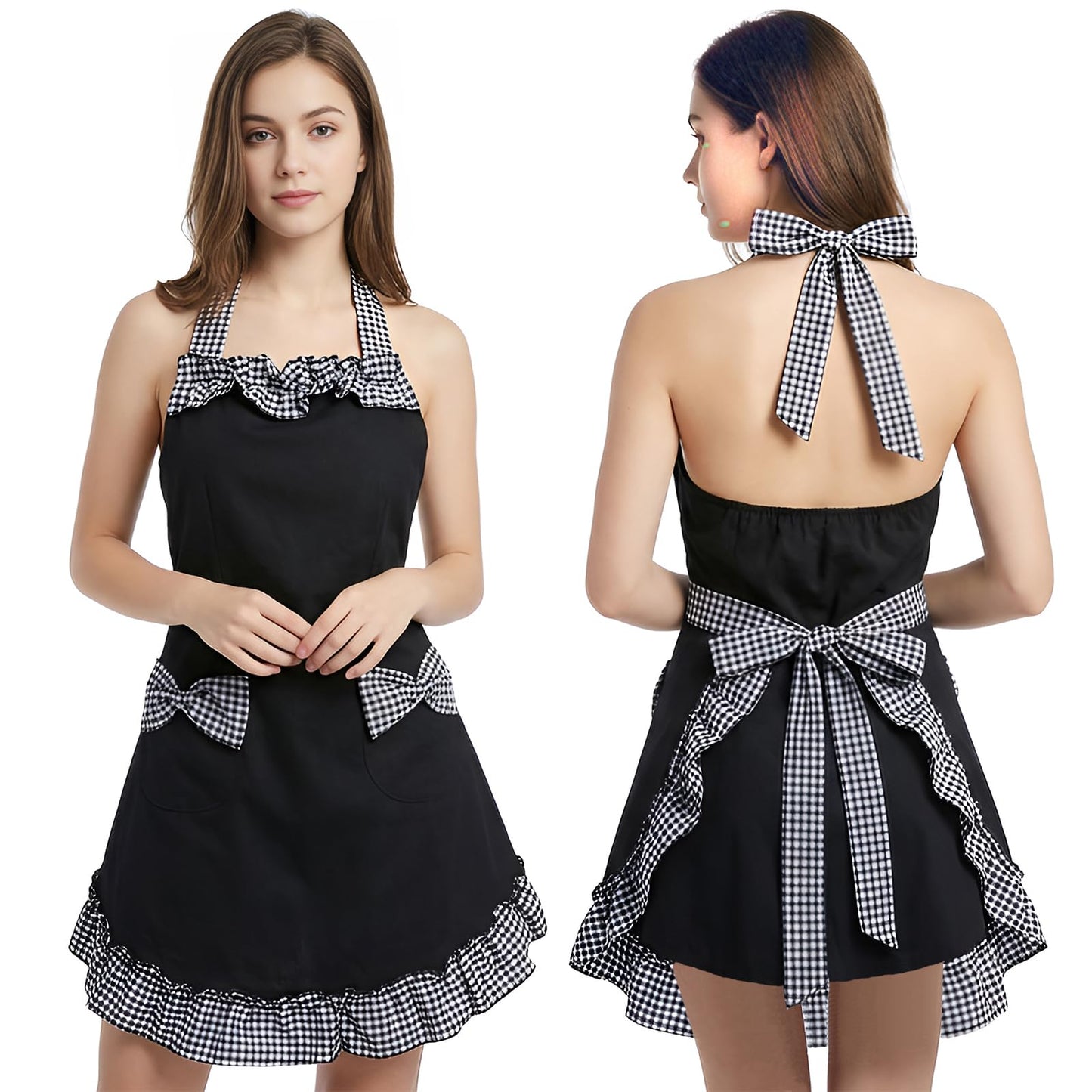 Hyzrz Cotton Kitchen Aprons for women with 2 Pockets Adjustable Neck Strap Chef Apron for Cooking Mothers Day Gifts (Black)