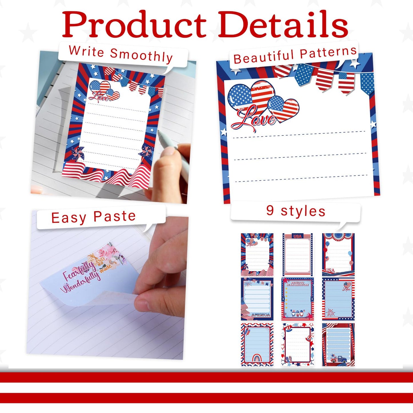 Patriotic Sticky Notes Gifts - 9 Pack Red White Blue Sticky Notes 3x4 Inches, Proud to Be an American Self-Stick Memo Pads, National Memorial Veterans Day Office Supplies, 450 Sheets