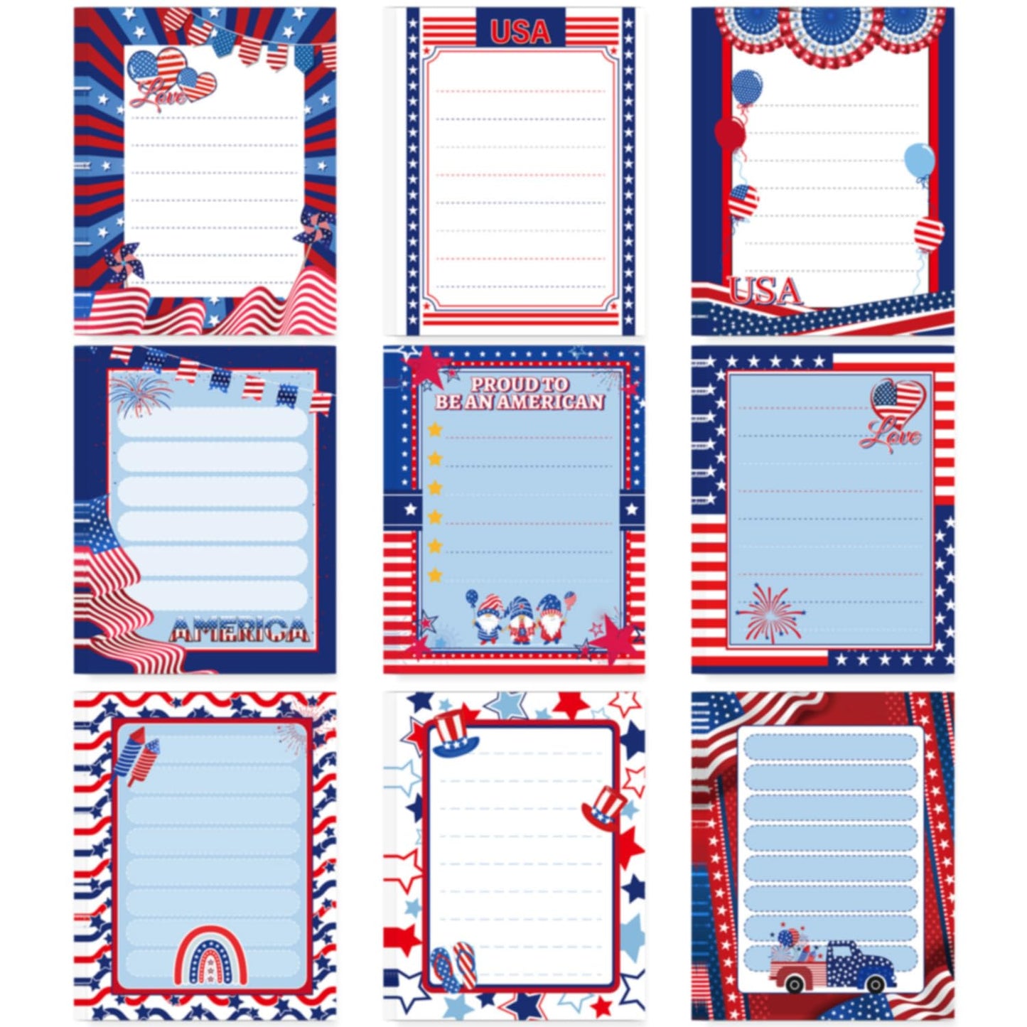 Patriotic Sticky Notes Gifts - 9 Pack Red White Blue Sticky Notes 3x4 Inches, Proud to Be an American Self-Stick Memo Pads, National Memorial Veterans Day Office Supplies, 450 Sheets