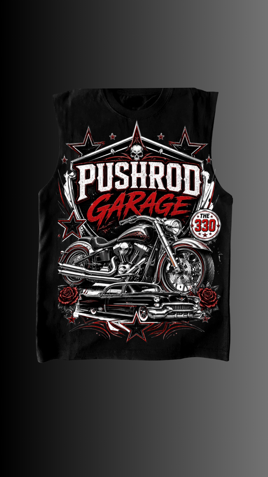 Custom Graphic Sleeveless T-Shirt featuring a bold motorcycle design with PUSHROD GARAGE text, stars, and roses in black, red, and white.
