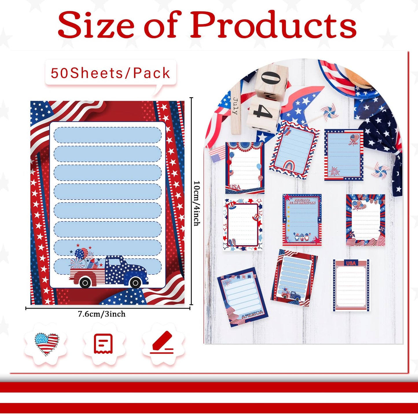 Patriotic Sticky Notes Gifts - 9 Pack Red White Blue Sticky Notes 3x4 Inches, Proud to Be an American Self-Stick Memo Pads, National Memorial Veterans Day Office Supplies, 450 Sheets