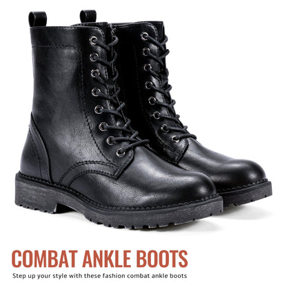 Women's Lace Up Combat Ankle Boots, Low Heel Moto Fall Booties | Flat Short Round Toe Boots, Side Zipper, Comfy Arch Support, Casual, Biker, Jeans, Office, Outfits, Daily Wear