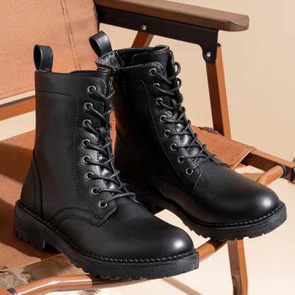 Women's Lace Up Combat Ankle Boots, Low Heel Moto Fall Booties | Flat Short Round Toe Boots, Side Zipper, Comfy Arch Support, Casual, Biker, Jeans, Office, Outfits, Daily Wear