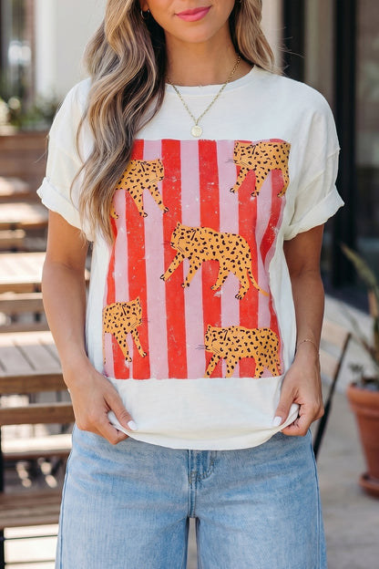 Dark Grey Cheetah Striped Print Fashion Graphic Tee