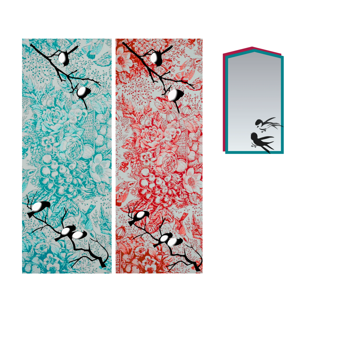 Two patterned cloth table runners each with 2 sets of 2 black and white love birds sitting on branches
