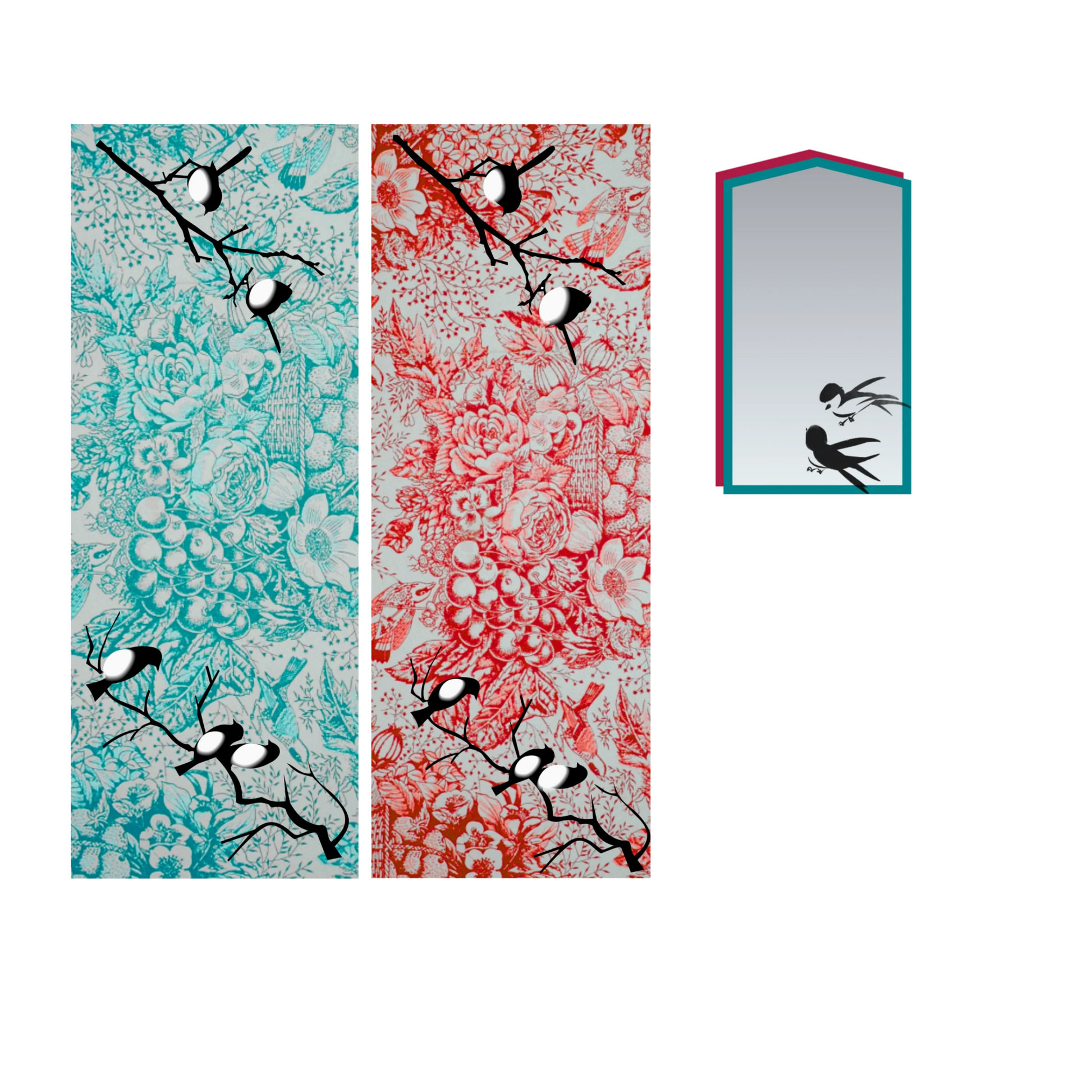 Two patterned cloth table runners each with 2 sets of 2 black and white love birds sitting on branches