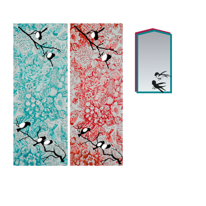 Two patterned cloth table runners each with 2 sets of 2 black and white love birds sitting on branches