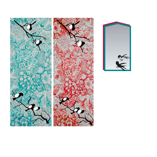 Two patterned cloth table runners each with 2 sets of 2 black and white love birds sitting on branches