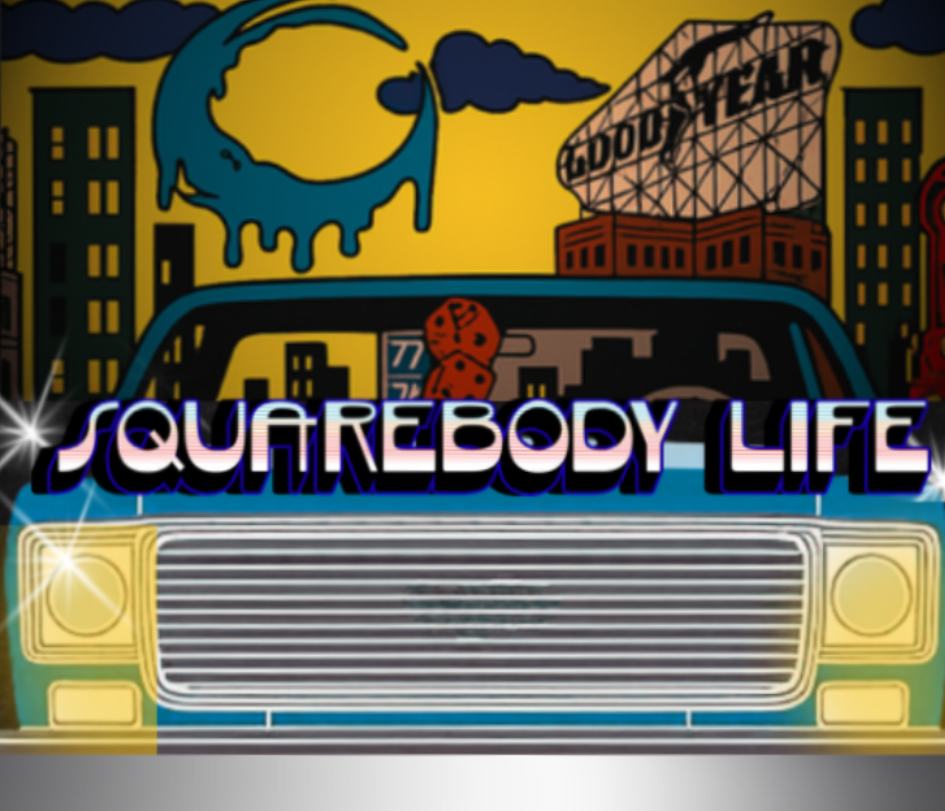Cartoon-style illustration of a truck front end with 'Squarebody Life' text