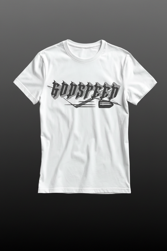 White t-shirt with 'Godspeed' graphic design on a dark background