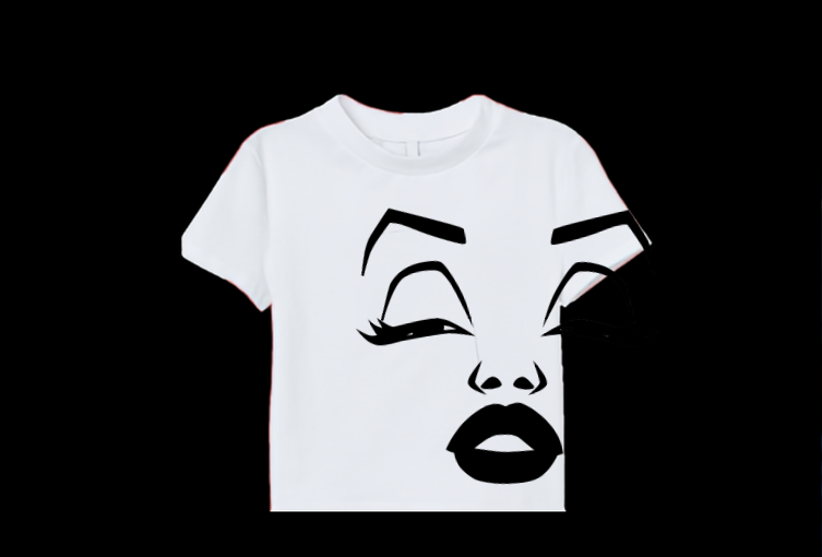 A collage showing four views of a white graphic T-shirt: a front view with a stylized face graphic, a front view with a small red-and-white chest print, a back view with a large black-and-red 'BUST. REBEL.