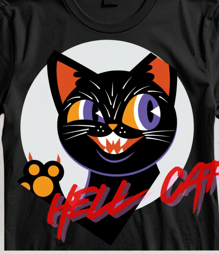 Black_t-shirt on the left and black t-shirt with a cat graphic and 'HELLO CAT' text on the right against a brick wall background.