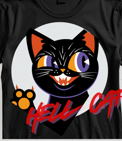 Black_t-shirt on the left and black t-shirt with a cat graphic and 'HELLO CAT' text on the right against a brick wall background.