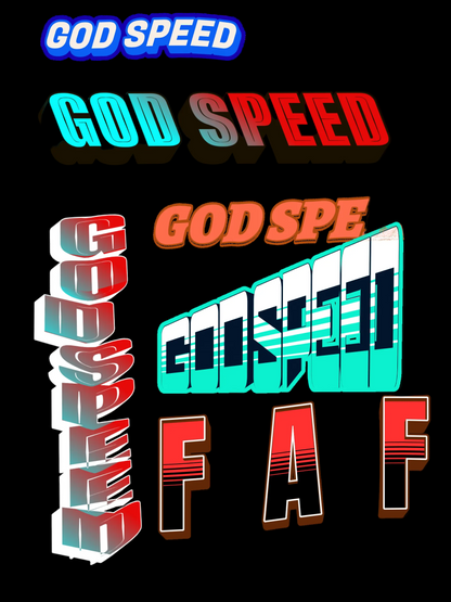 GOD SPEED text in various styles and colors on a white background decals for helmet, toolboxes, swingarms,or bikes