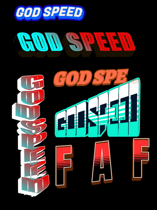 GOD SPEED text in various styles and colors on a white background decals for helmet, toolboxes, swingarms,or bikes