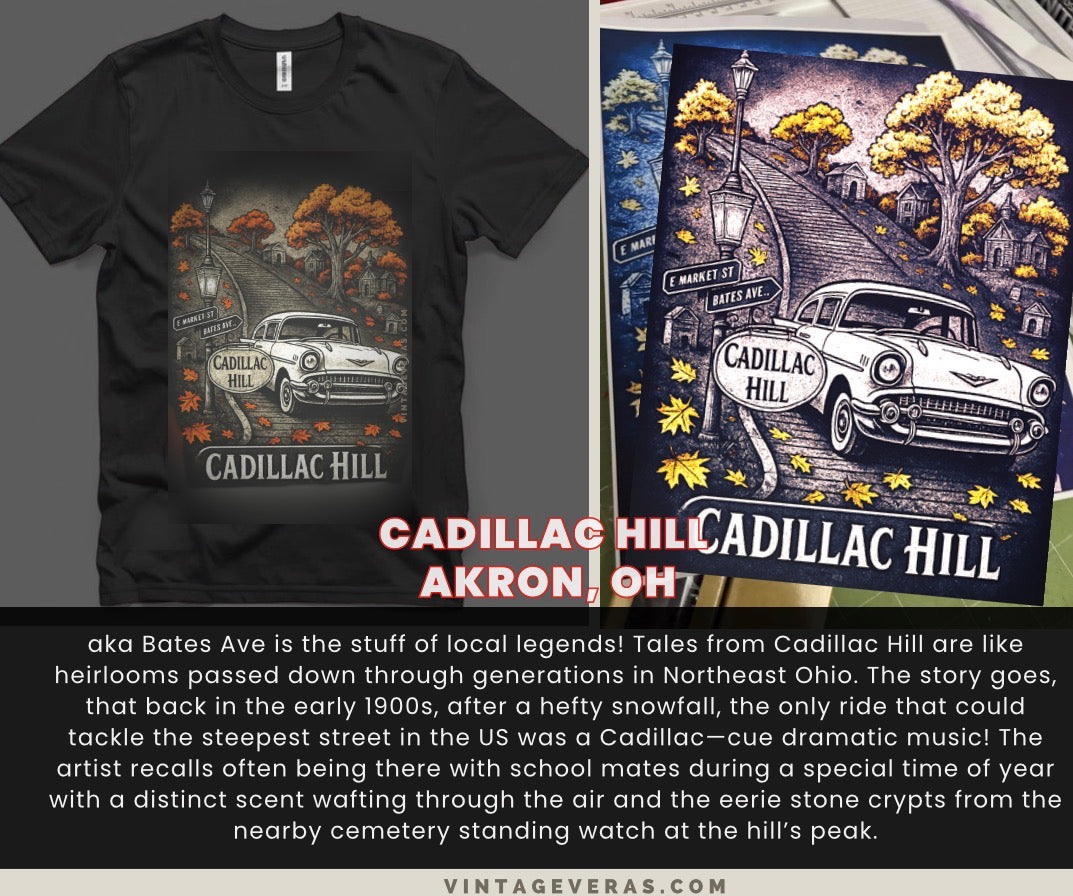 Tshirt graphic large on a black tshirt. Cadillac hill Akron Ohio 
