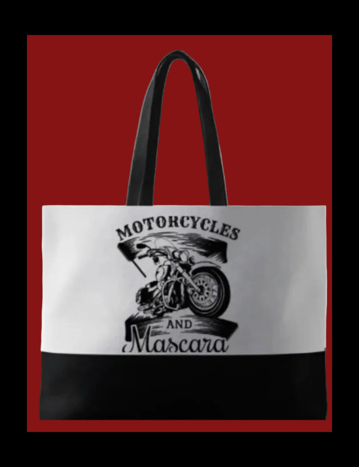 Large Tote bag with 'Motorcycles and Mascara' black&white design on a red background