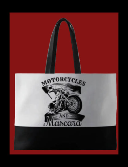 Large Tote bag with 'Motorcycles and Mascara' black&white design on a red background