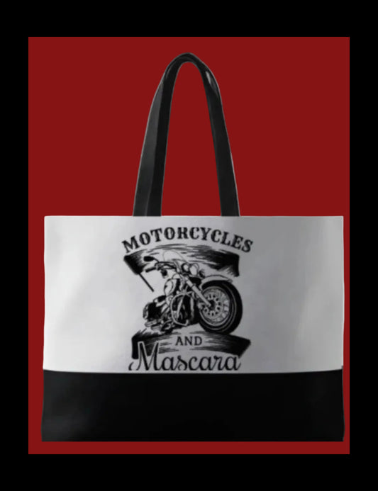 Large Tote bag with 'Motorcycles and Mascara' black&white design on a red background