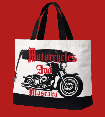 Tote bag with motorcycle graphic and text 'Motorcycles And Mascara' on a white background