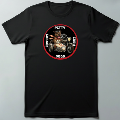 Black t-shirt with a graphic design of a dog on a motorcycle and text 'Pitty Crew_Garage Dogs' on a gray background.