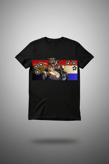 Black t-shirt with a graphic of two dogs on a motorcycle patriotic Stars design.