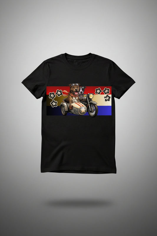 Black t-shirt with a graphic of two dogs on a motorcycle patriotic Stars design.