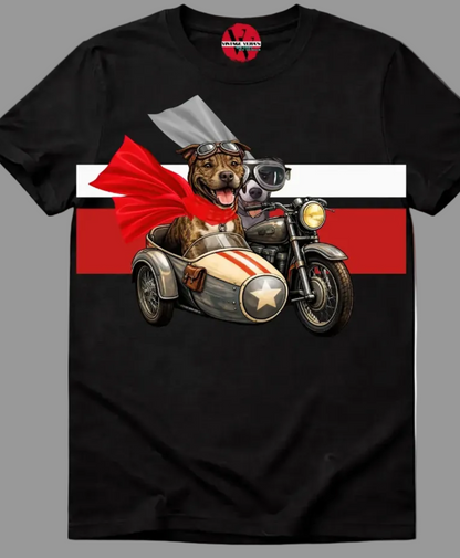 Black t-shirt with a graphic of a dog in a sidecar motorcycle on a dark background