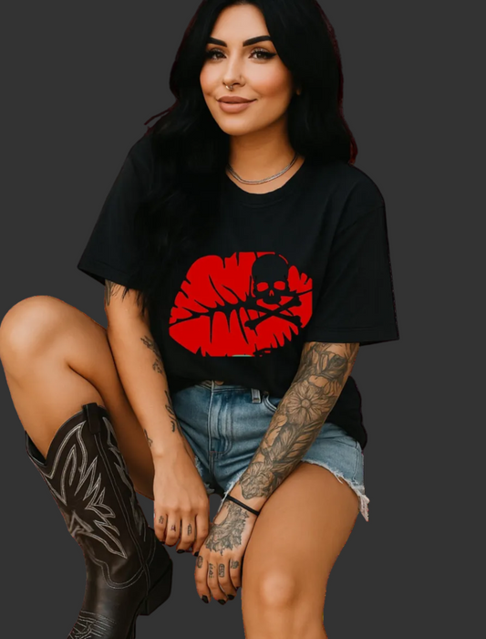 Woman wearing a black t-shirt with red graphic lips and skull and crossbones