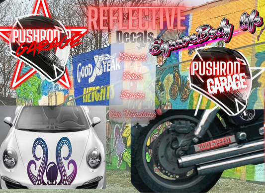 Collage of vehicles with reflective decals and promotional text for Pushrod Garage.