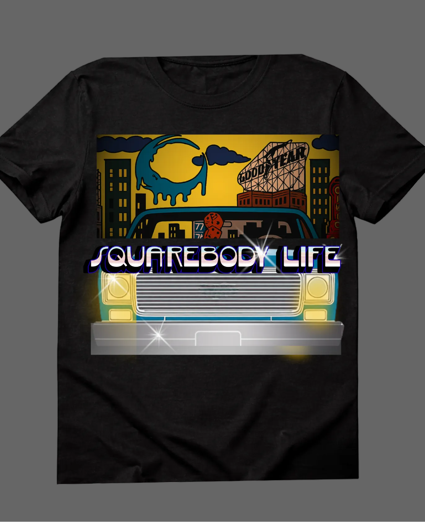 Black t-shirt with graphic design and 'Squarebody Life' text on a warm yellow background for a retro look 