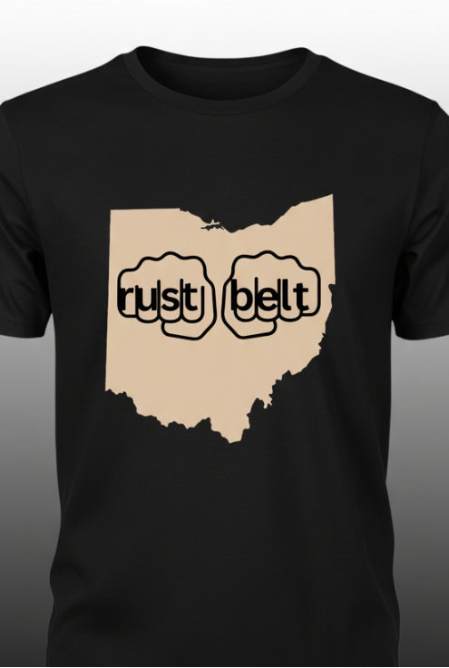 Map of Ohio with 'rust belt' text beige on a black T-Shirt