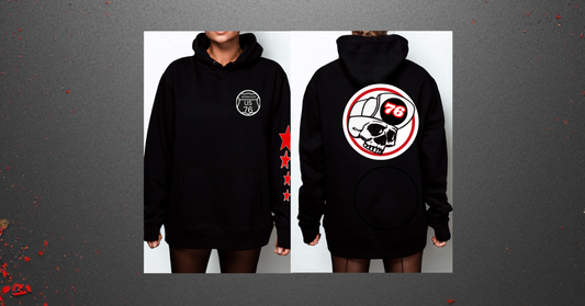 A black pullover hoodie shown from both front and back on a model. The front features a small circular chest graphic and red stars down the left sleeve.