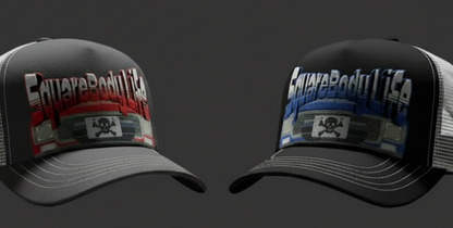 Two hats with 'SquareBody Life' design on a gray background