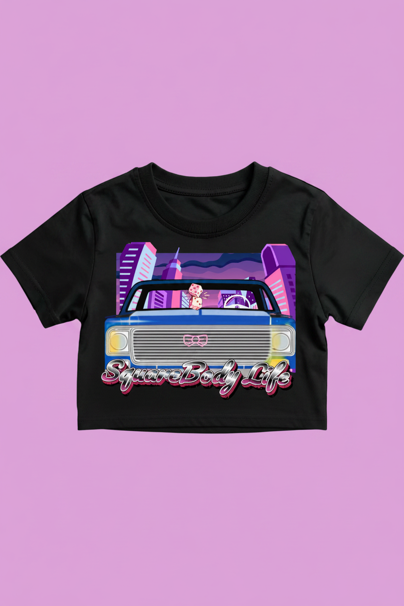 SquareBody Life_Pink on a black cropped t-shirt 