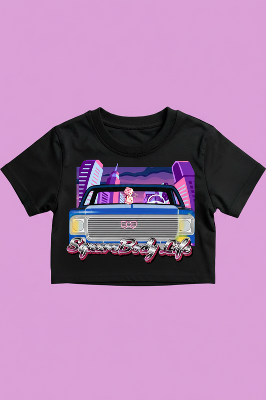 SquareBody Life_Pink on a black cropped t-shirt 