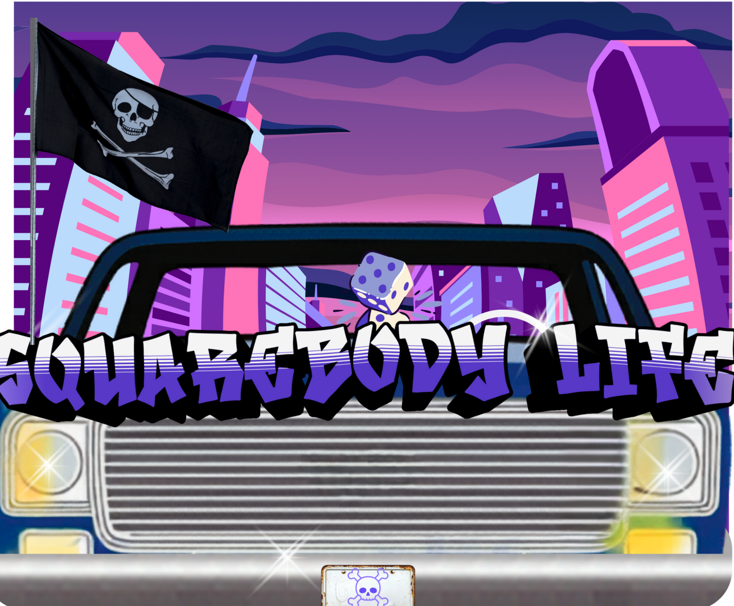 Animated car with 'Squarebody Life' text and a skull flag against a cityscape background