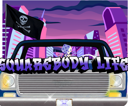 Animated car with 'Squarebody Life' text and a skull flag against a cityscape background
